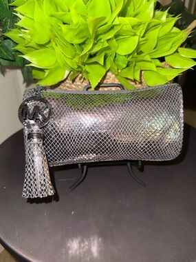 Michael Kors Iridescent Silver Snake-Embossed Clutch Make Up Pouch with Tassel